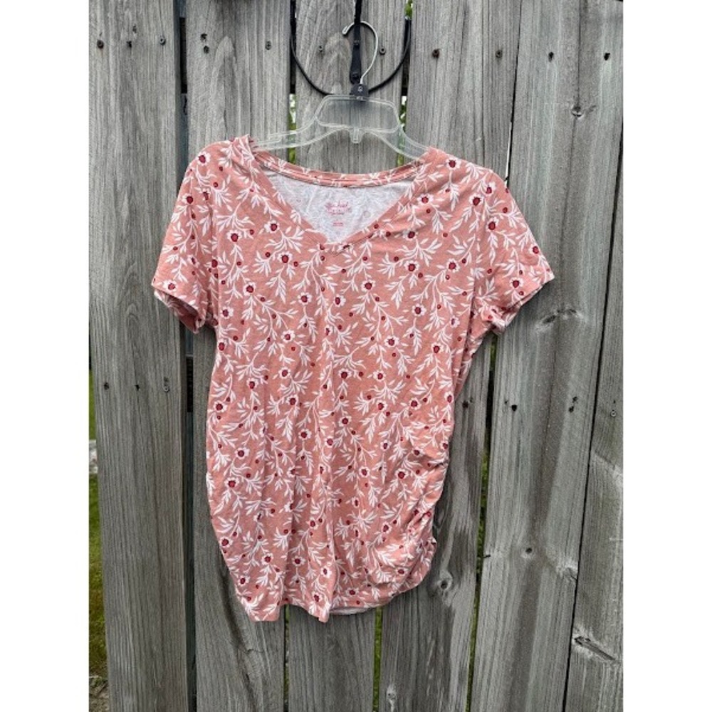 Isabel Maternity Coral Pink Floral V-Neck Ruched Side T-Shirt Large
